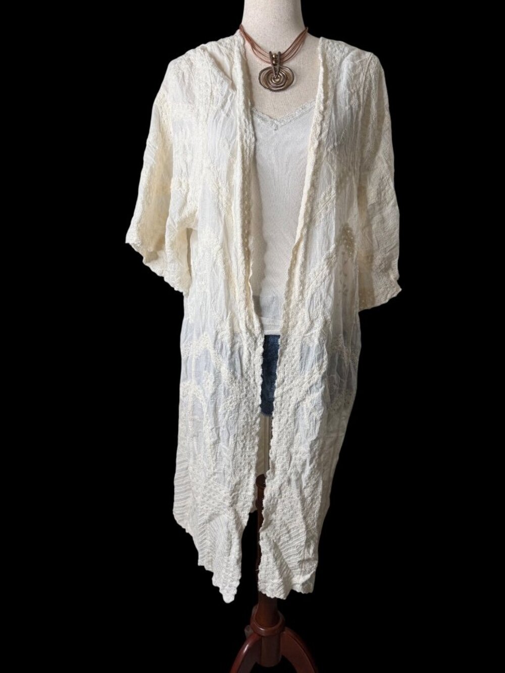 Boho Ivory Embroidered Open Front Kimono Cardigan Duster Scallop O/S cottagecore